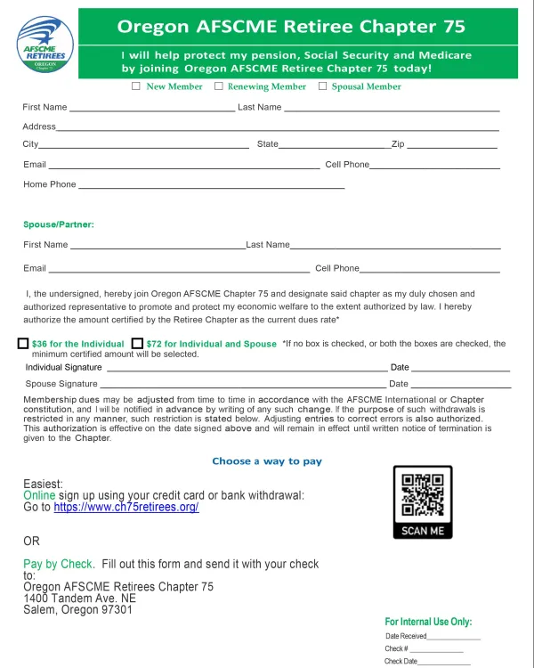 Oregon AFSCME Retiree Chapter 75 Application